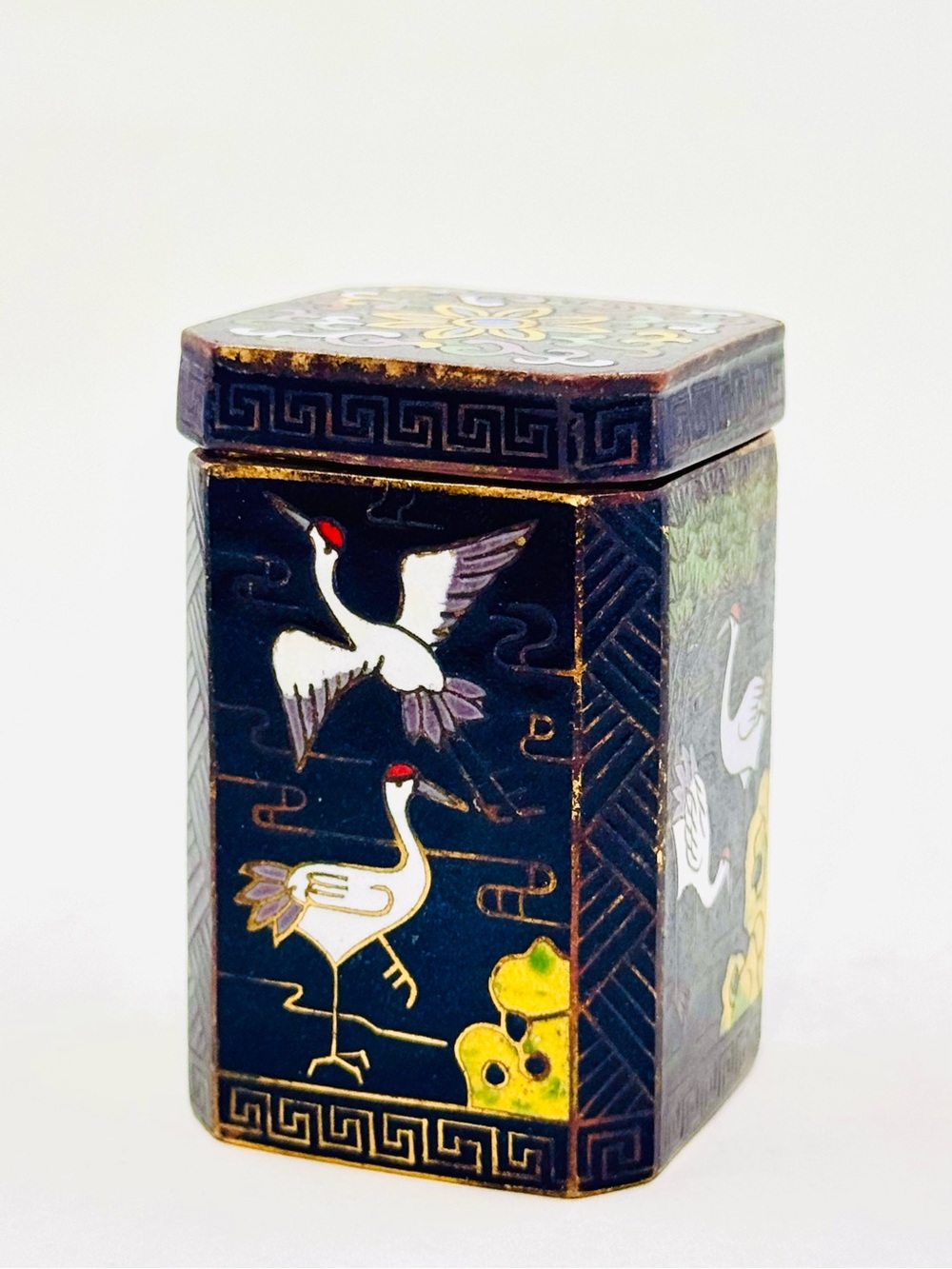 Vintage Cloisonné Hand-Painted Black Crane Trinket Toothpick Decorative Box